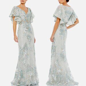 MAC DUGGAL 67842 BELL SLEEVE FLOAL EMBELLISHED SEAFOAM GREEN GOWN sz 14